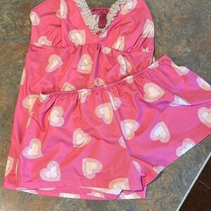 Betsey Johnson Intimates Pink Hearts Lace Two Piece Pajama Nighty Set Small